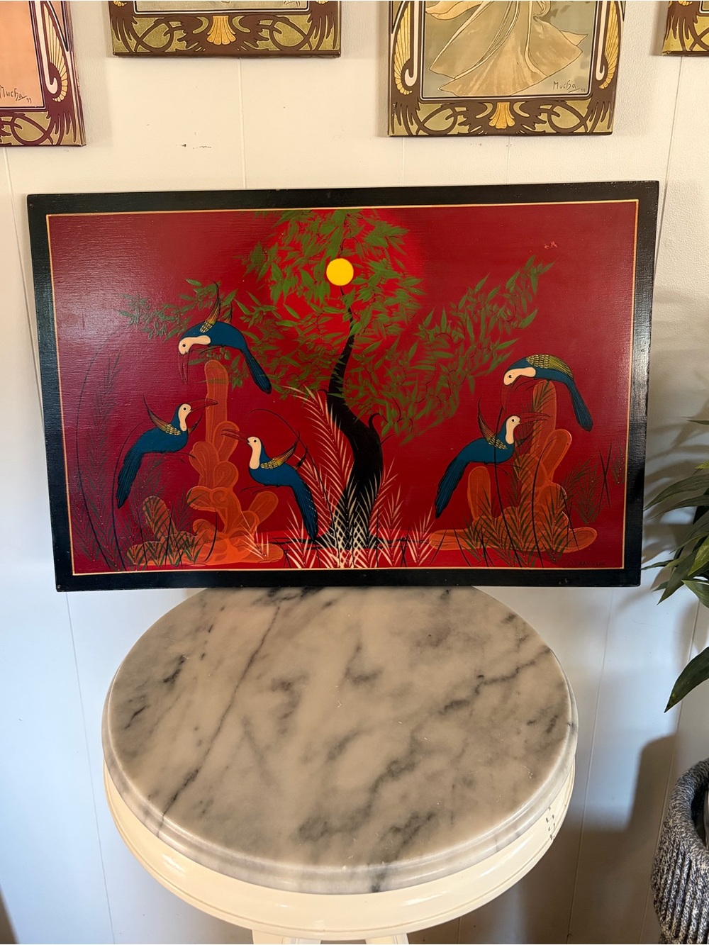 Vintage Mid Century Mexico Bird Painting on Wood Red Blue Audubon Birds Wall Art
